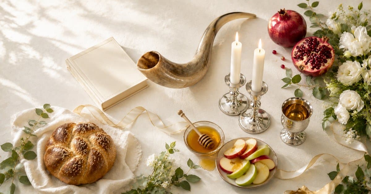 Mesa de Rosh Hashaná con jalá redonda de sésamo, manzanas con miel, granada, shofar y candelabros de plata