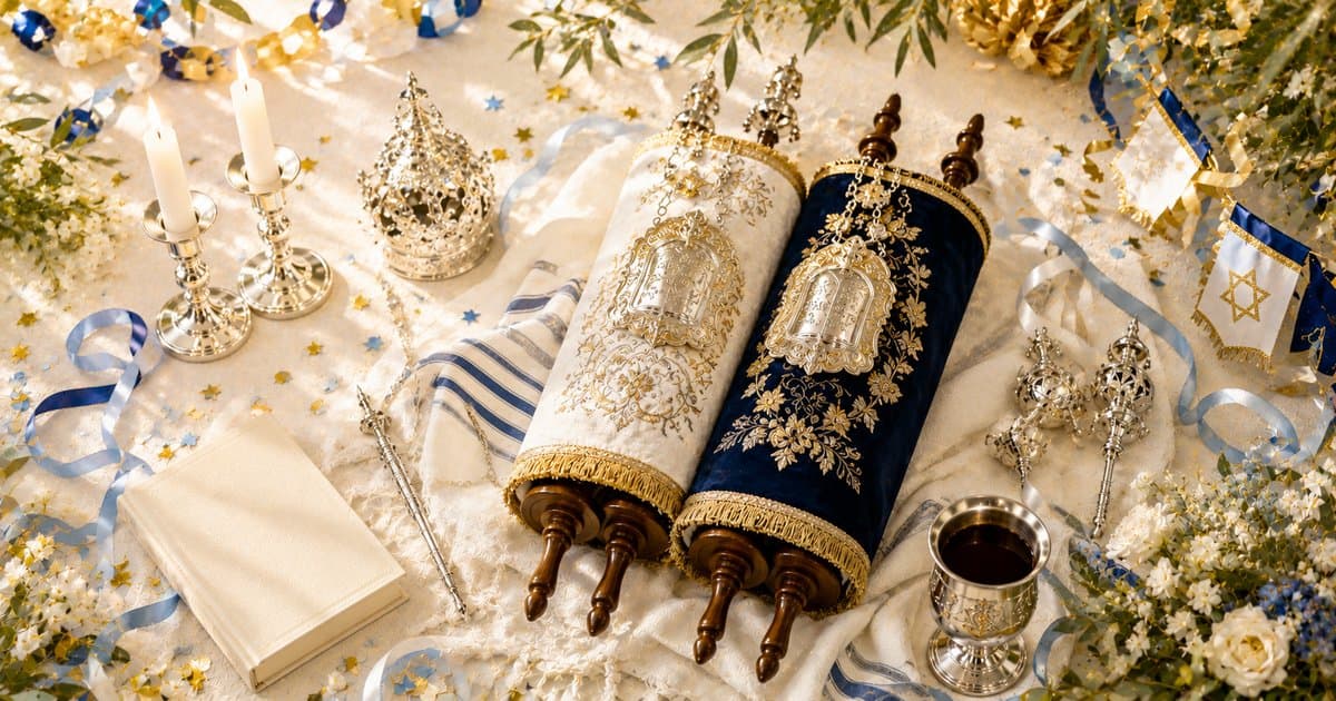 Celebração de Simchat Torá com dois rolos de Torá ornamentados, coroas de prata e rimonim, bandeira de Israel e fitas azuis festivas