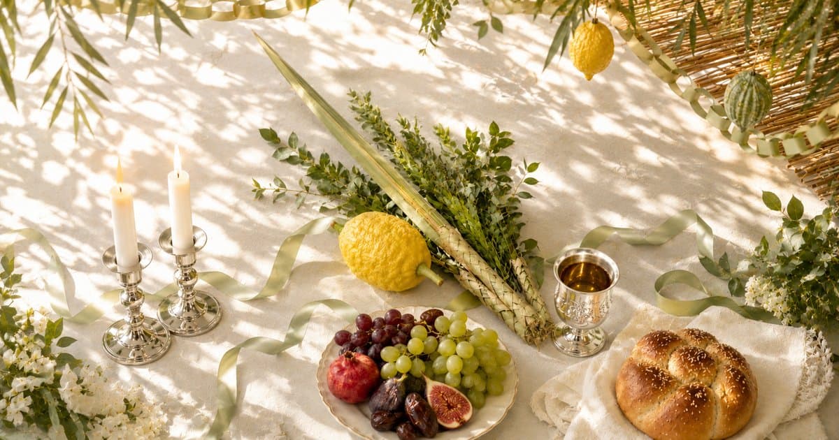 Mesa de Sucot con las cuatro especies — lulav, etrog, hadassim y aravot — jalá redonda, copa de kidush y frutos del otoño bajo la sucá
