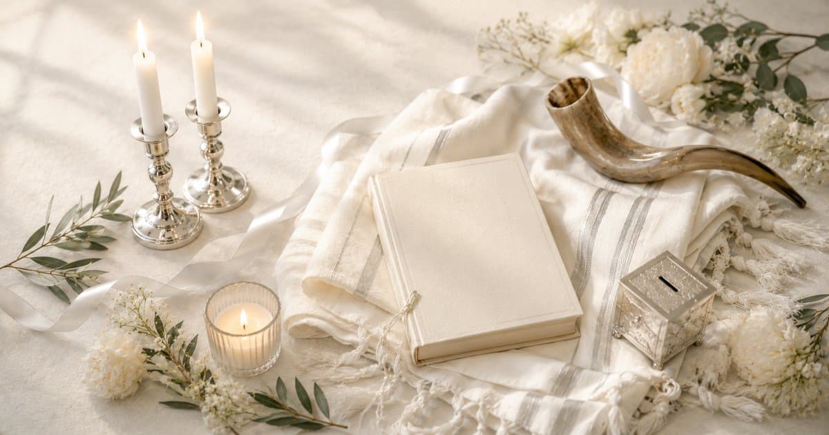 Escena de Yom Kipur con talit blanco, majzor abierto, shofar de cuerno de carnero, caja de tzedaká de plata y velas encendidas