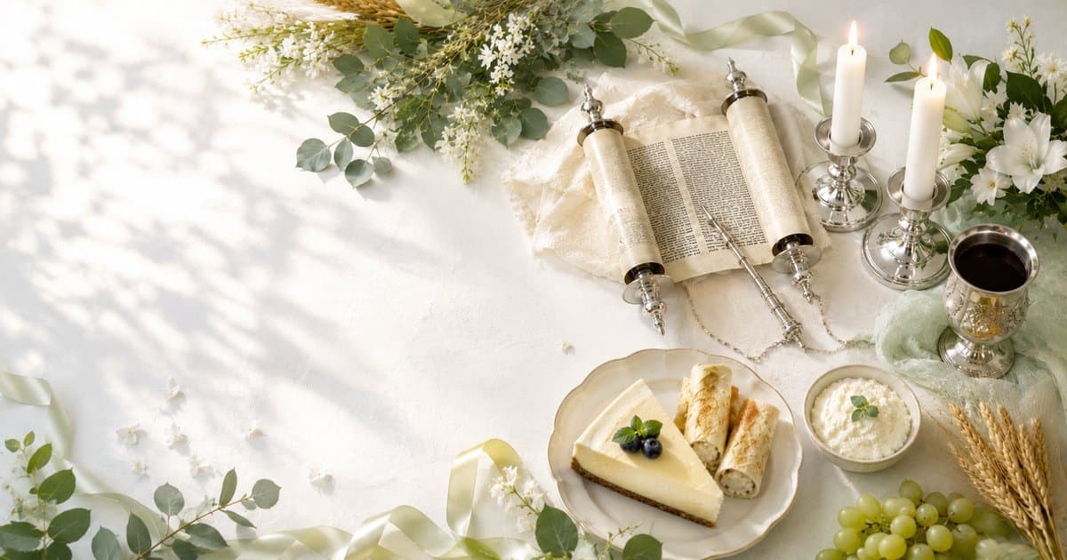 Mesa láctea de Shavuot con rollo de Torá abierto, tarta de queso y blintzes, ricotta, espigas de trigo y candelabros de plata