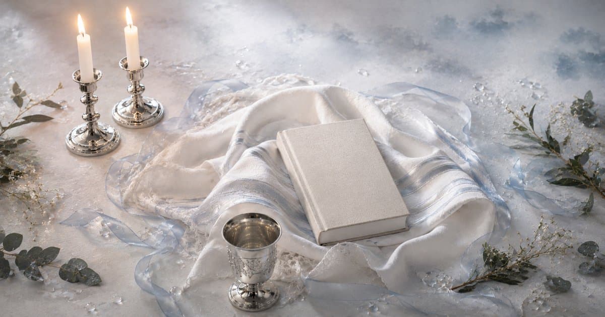 Cena de Sheminí Atseret com castiçais de prata, taça de kidush, livro de orações e tecidos brancos esvoaçantes evocando a oração pela chuva